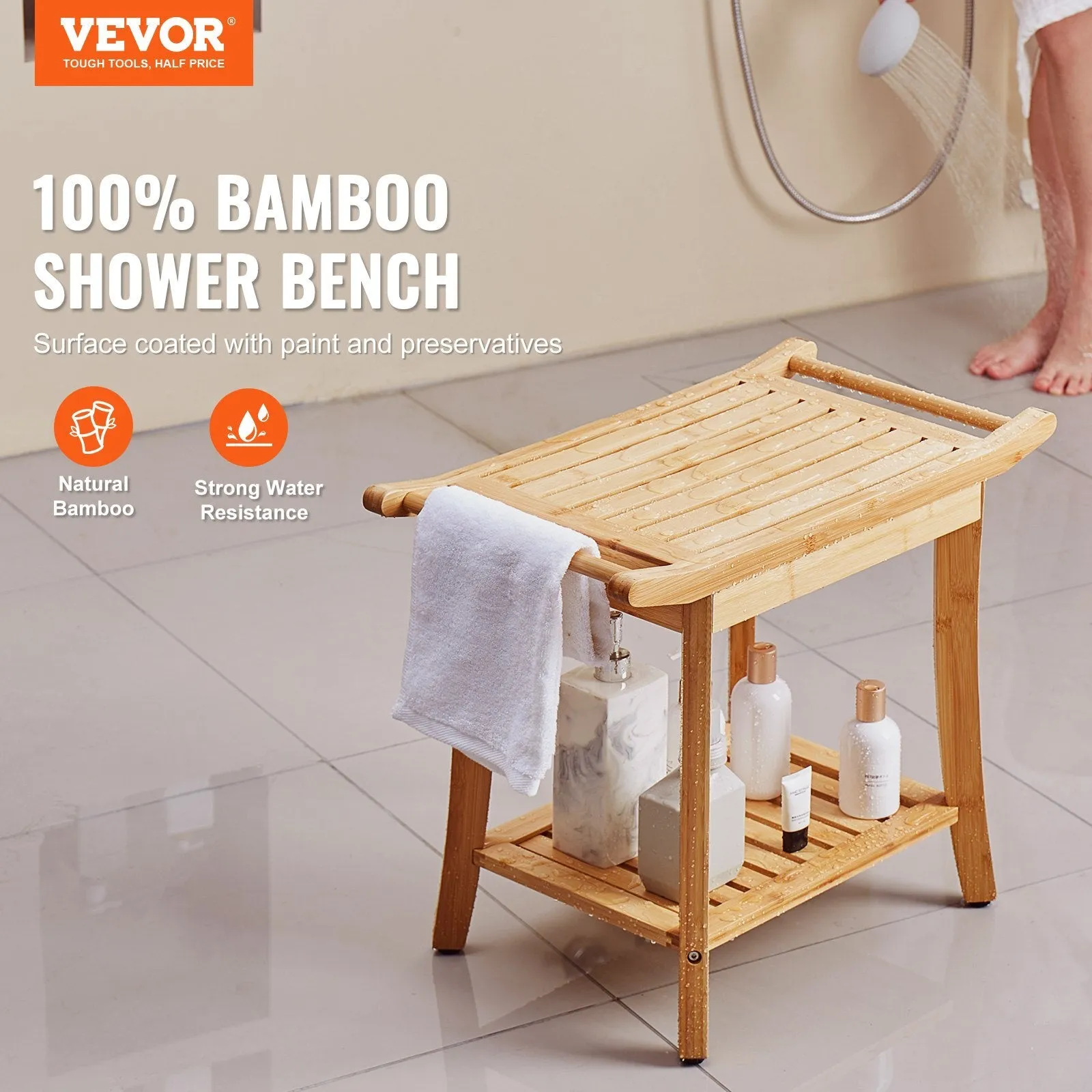VEVOR Bamboo Shower Bench 24 x 13.8 x 18.9 in Shower Stool Chair